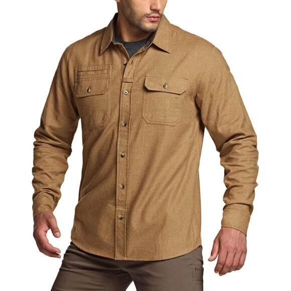 Mens Suede Wheat Brown Cotton Flannel Shirt Long Sleeve Casual Outdoor Plaid - Picture 2 of 9